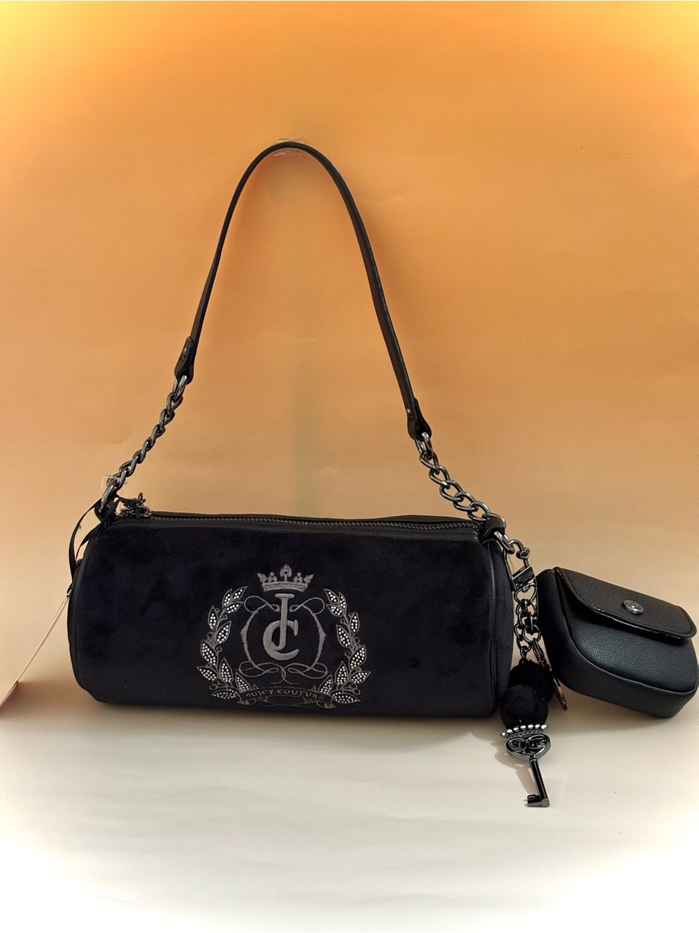 Juicy Couture Black Shoulder Bag with Embroidered Crest and Key Charm